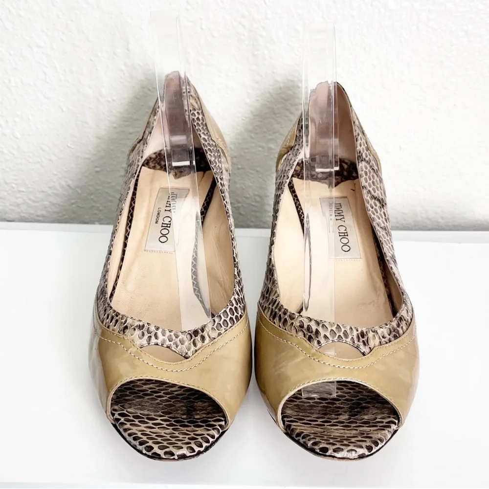 Jimmy Choo Python & Beige Patent Leather Open Toe Heels Size 41